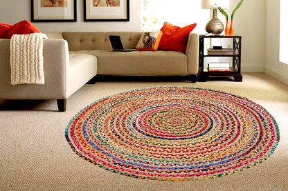 Lightnpro Bohemian Braided Rug 4 Feet Round - Multi Color, Circle Farmhouse Jute Cotton Area Rag Rug for Kitchen, Kids Bedroom, Playroom | Colorful Hand Woven Reversible Pet Friendly Carpet