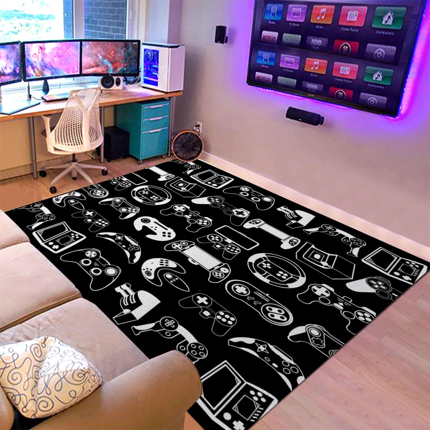 Sunnycitron Gaming Area Rugs Gamer Player Rug for Boys Room Decor Teens 3D Video Game Controller Room Mat Carpet Decor for Bedroom Living Room Playroom Carpet Black White (59"x39")