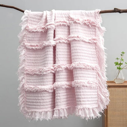 Ultra Soft Pre-Washed Quilted Boho Pink Twin Size Blankets for Bed, Ruffle Fringed Decorative Throw, Stone Washed Chic Rustic Blanket for Sofa Couch Bed, 60"*80"