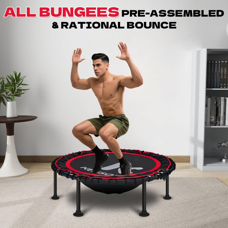 K KENSONE 40" Foldable Rebounder Trampoline for Adults with Bungee, 450 LBS Quiet Indoor Mini Trampoline for Adults Fitness, Gym Workout, Home Exercise, Red