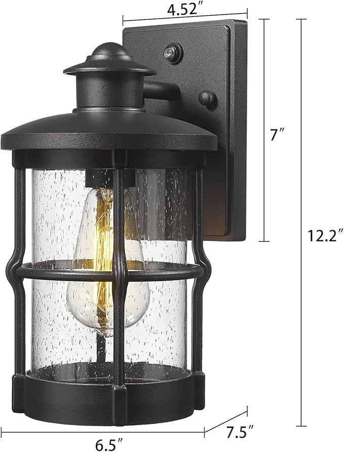 Outdoor Wall Sconces, Dusk to Dawn Outdoor Lights, Exterior Wall Mount Lighting, Entryway Light Fixture in Black Finish with Seeded Glass