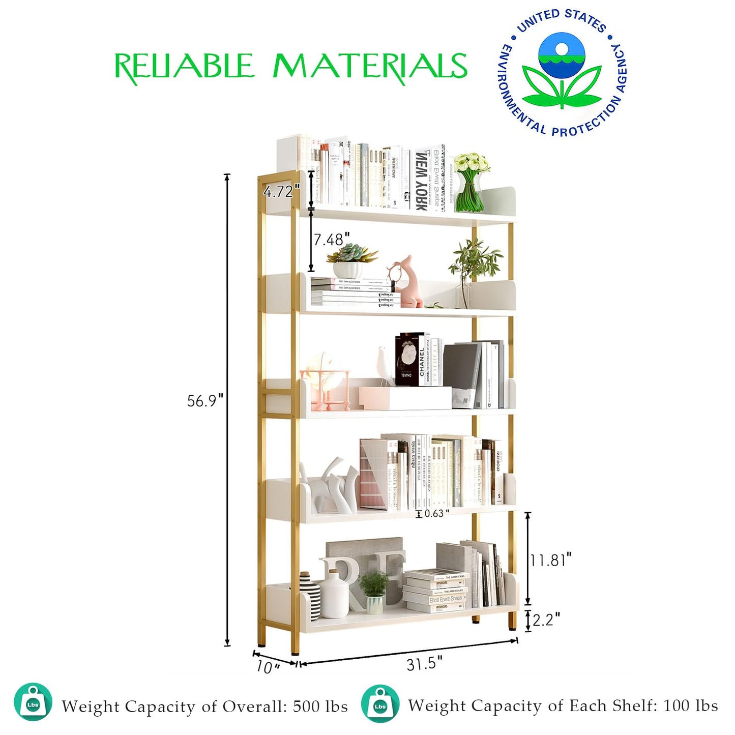 OSCHF Wide Open Shelf Bookcase - Modern 5-Tier Freestanding Display Bookshelf with Three-Side Panels for Home and Office, Storage Shelving in Warm White with Gold Frame