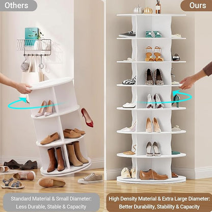 6-Tier Rotating Standing Shelf Unit with Dividers, 360° Storage Display Tower Vertical Floor Organizer, for Bedroom, Closet, Entryway & Office, Ideal for Shoes, Cosmetics & Handbags, White
