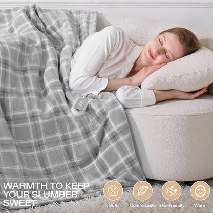 Heated Blanket Full Size, Electric Blanket 72"x84" for Bed with 8 Fast Heating Levels & 10 Hours Auto Shut-Off, Grey Plaid Warm Soft Flannel Blanket Gift for Women Grandma Machine Washable