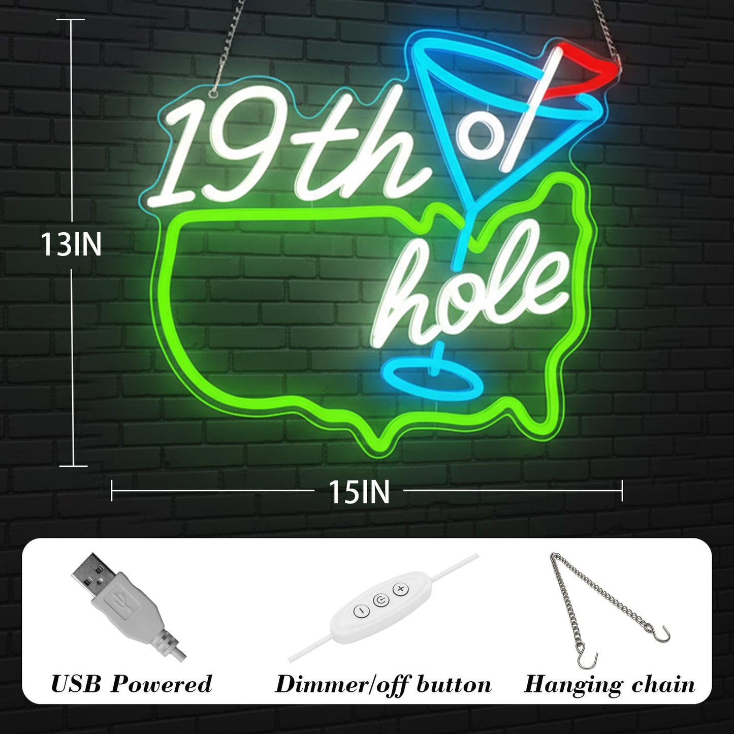 Zontruxe Golf Neon Sign for Wall Decor, Dimmable LED Golf Wall Lamp with 19th Hole Letter Sign, Light Up Sign for Man Cave, Bedroom, Office, Gym, Club, Party, Bar, Park, Birthday Gifts, 15 x 13 in