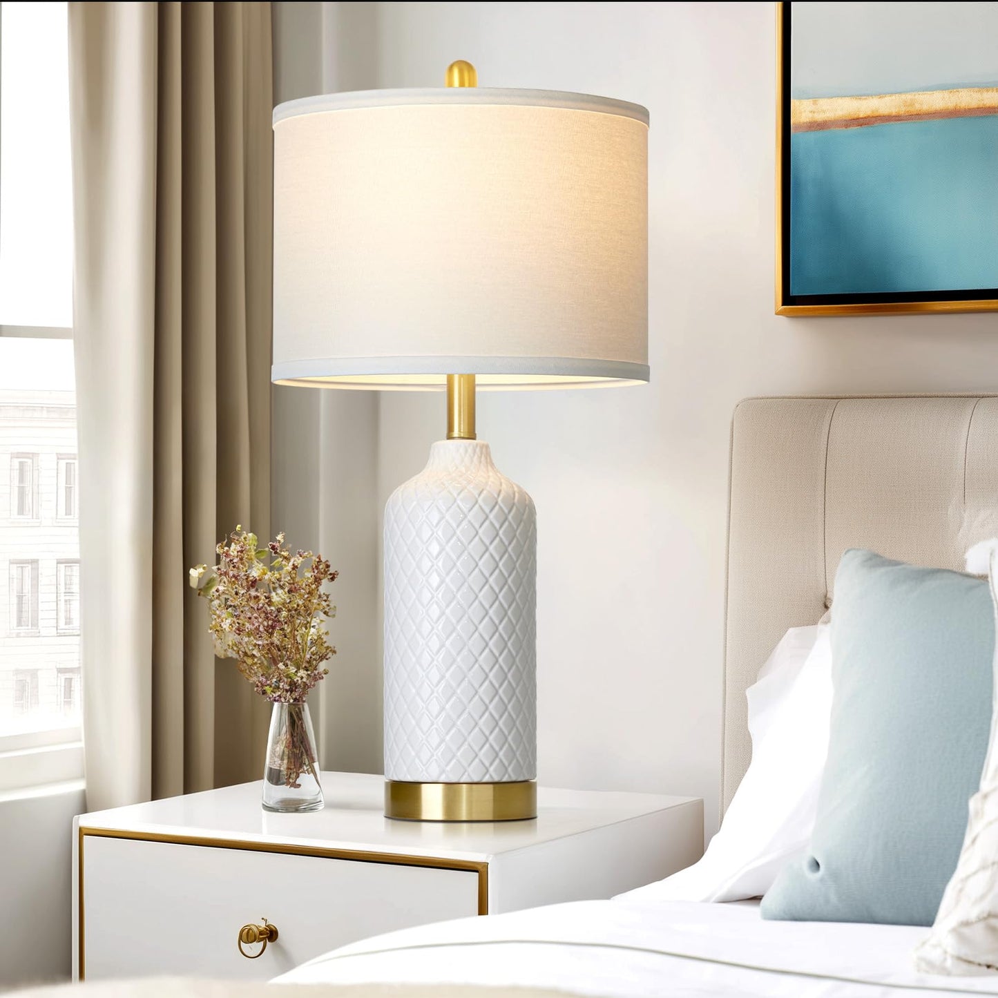 luxeflow 26“ White Ceramic Table Lamps for Living Room, Modern Ceramic Lamps Set of 2, Tall Bedside Lamp for Nightstand, Classic Farmhouse Bedroom Lamp for Desk Side End Table Home Decor