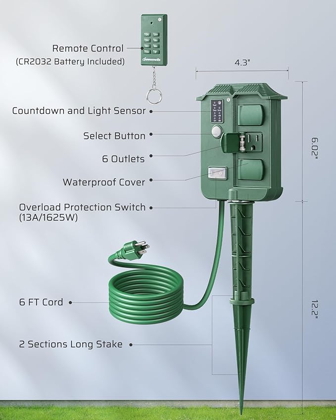 DEWENWILS Outdoor Power Stake Timer Waterproof, 6 Grounded Outlets, 6FT Extension Cord, 100FT Wireless Remote Control, Photocell Dusk to Dawn Timer for Christmas Lights, Garden, UL Listed