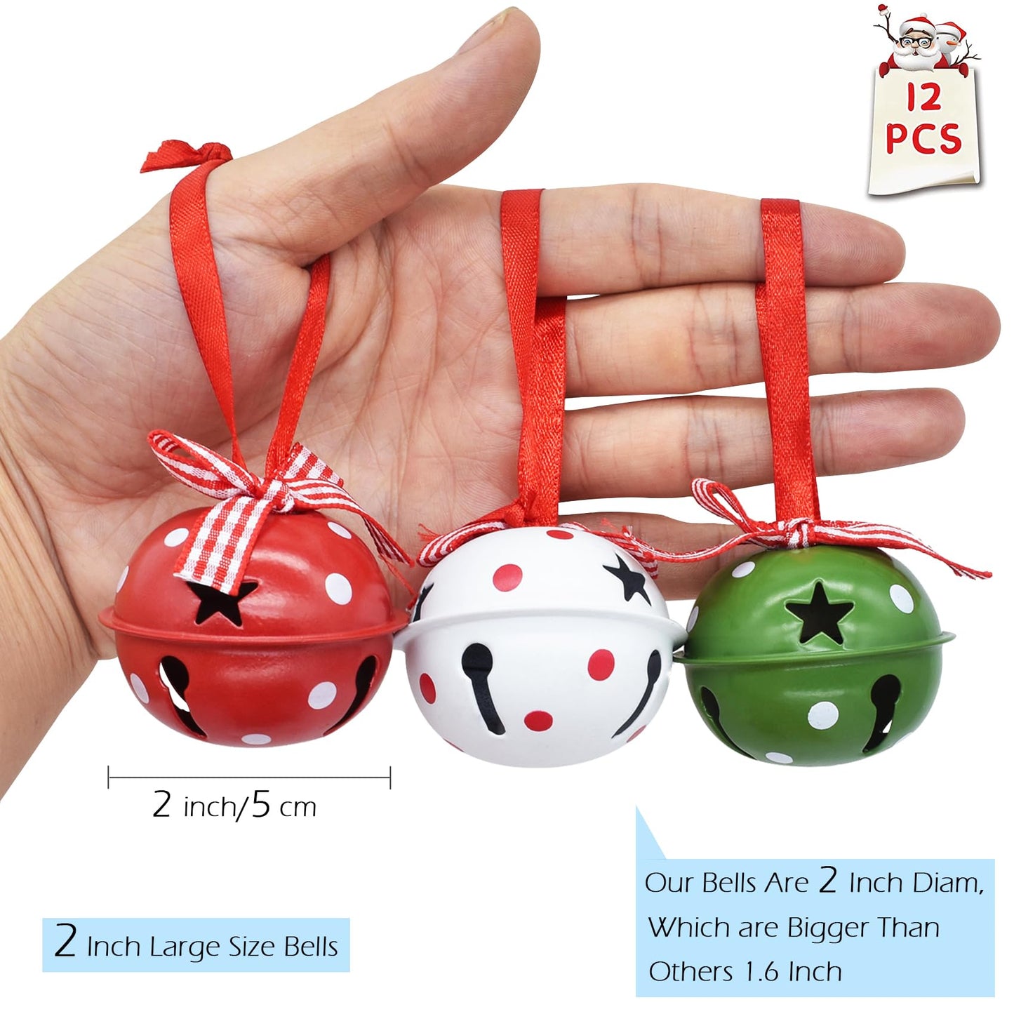 Christmas Jingle Bells 2" Star Cutouts Metal Decorative Bells with Ribbons for Xmas Tree Ornaments Wreath Festival Crafts Home Decorations (12 Pcs)