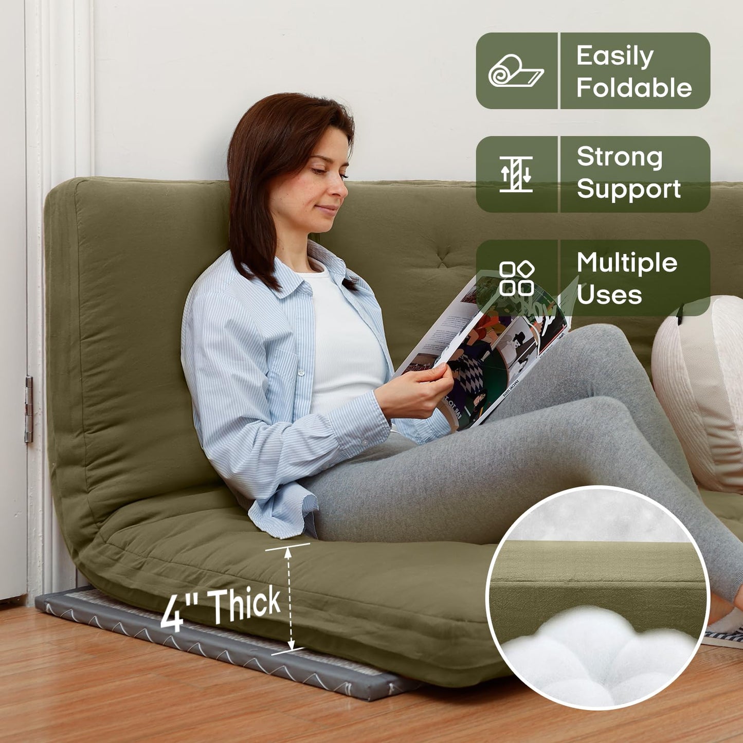 ZonLi Japanese Floor Futon Mattress Queen Size 80"x 60", 100% Cotton Cover 4'' Thicken Tatami Mattress, Foldable Sleeping Pad, Portable Dormitory Tatami Mat, Roll Up Floor Lounger Bed for Adult