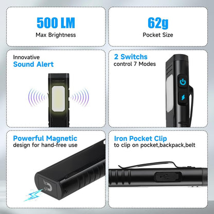 Annteneo Rechargeable EDC Flashlight, Small Flat Flash Light, Pocket Magnetic Flashlights, Sound Alarm, 7 Mode, CoB Side Light, Clip On Tactical Flashlight for Everyday Carry,Home,Camping,Emergency