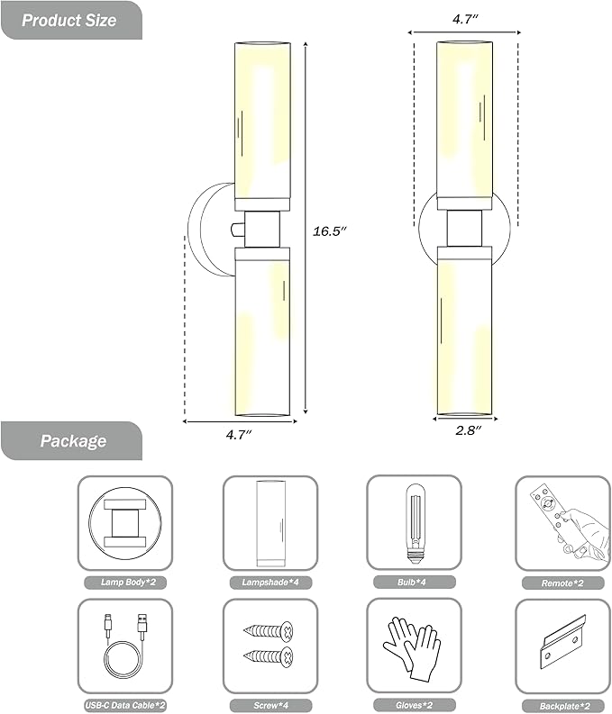 Rechargeable Battery Wall Sconce Set of Two, 8000mAh Cordless, Dimmable, Timer, Remote, Touch Control, 3000K, USB-C Charging for Living Room Gold with White Lampshade (Include 4 Special Bulbs)