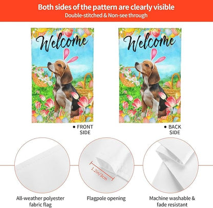 Tulips Cute Beagle Flower Dog Happy Easter Garden Flag Welcome Party Outdoor Outside Decorations Picks Home House Garden Yard Decor 12x18 Inch