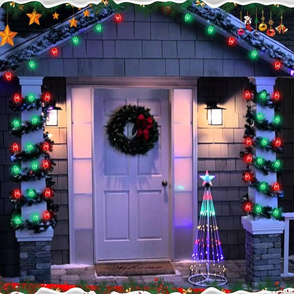 C7 Red Green Christmas Lights Outdoor, 25Ft Vintage Christmas String Lights with 27 Clear Red Green Ceramic Bulbs, Waterproof Connectable Christmas Decorations for House, Xmas Tree, Garden, Yard