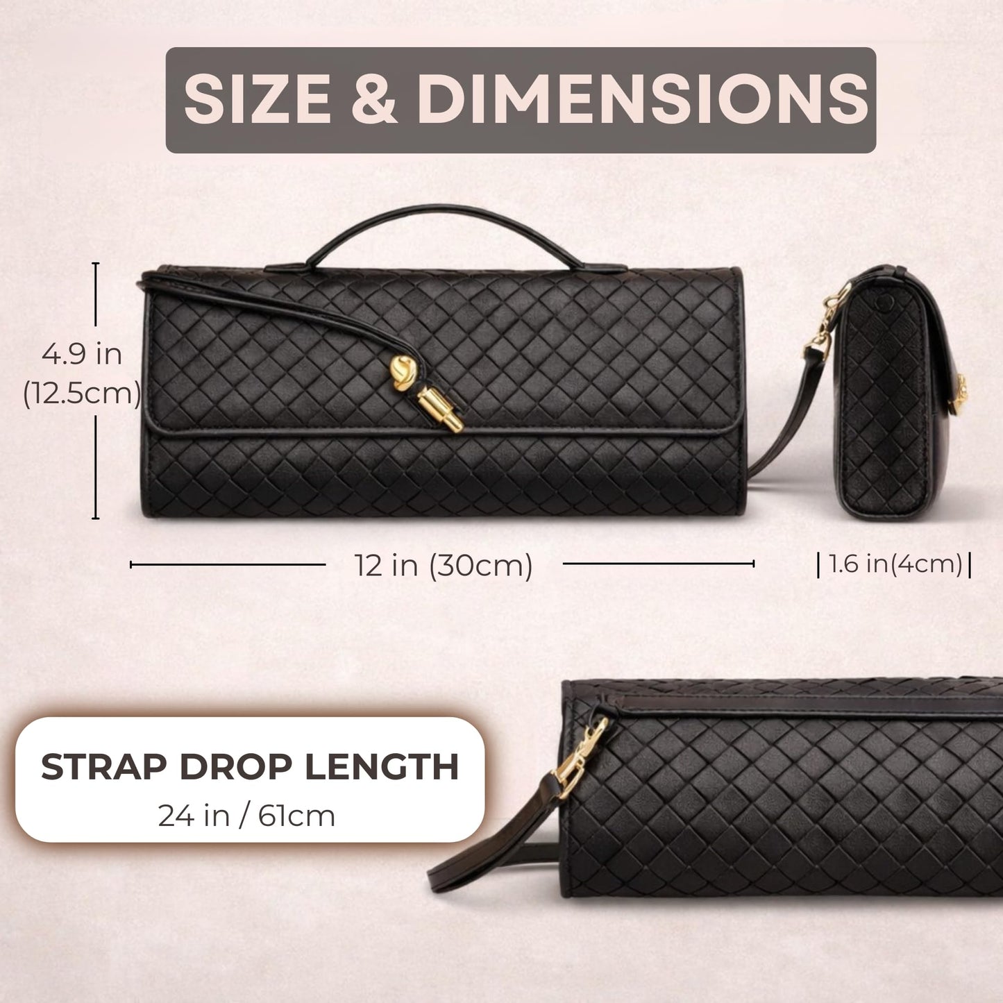 BEGONICA Woven Evening Clutch Purse for Women - Soft Vegan Leather Crossbody Bag - Small Black Evening Bag - Elegant Shoulder Handbag for Weddings & Parties