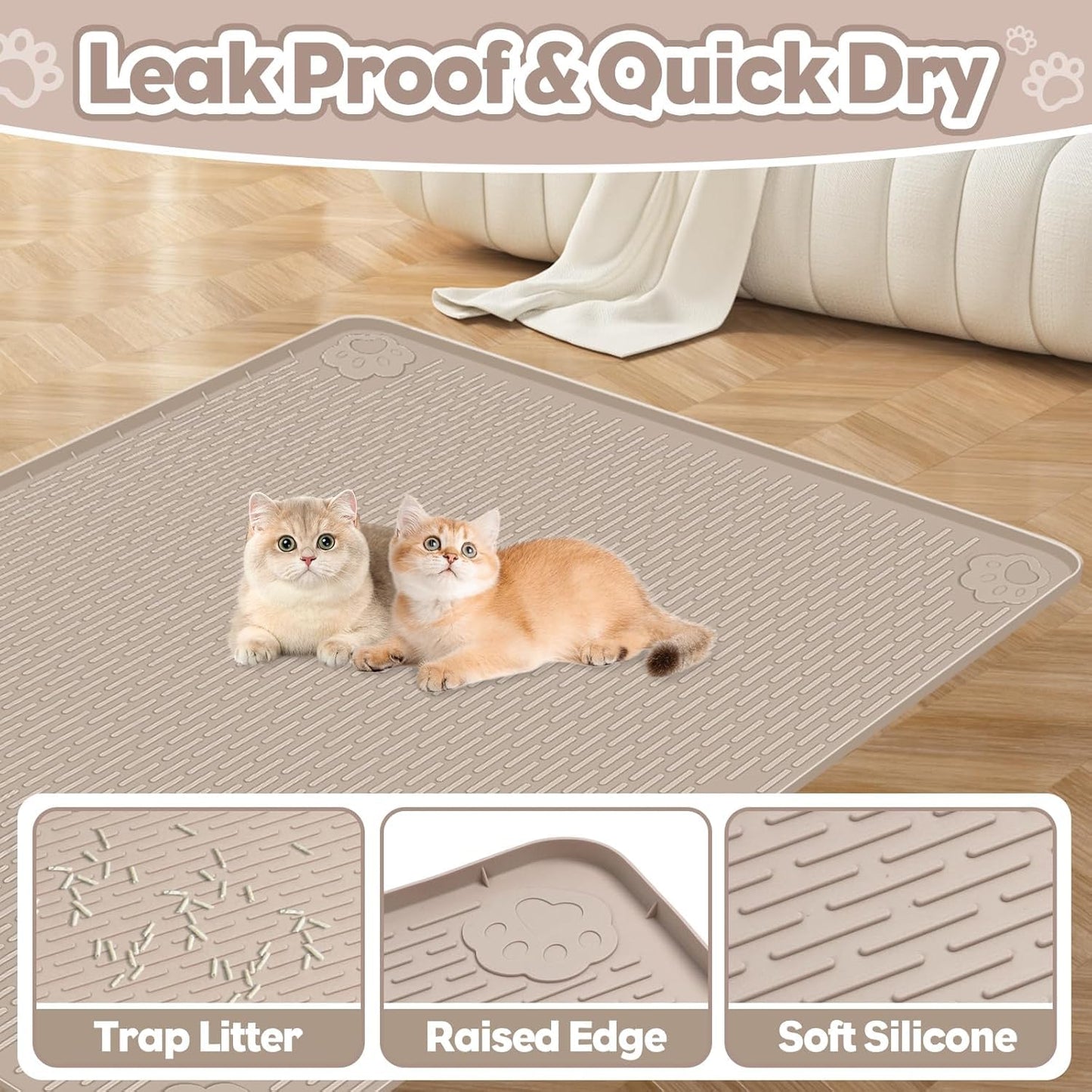 Kalolary Cat Litter Mats, 40" x 28" Extra Large Silicone Cat Mat for Litter Box, Easy to Clean Kitty Litter Trapping Mat, Soft on Kitty Paws, Waterproof, Urine-Proof Kittys Litter Mats for Floor,Khaki