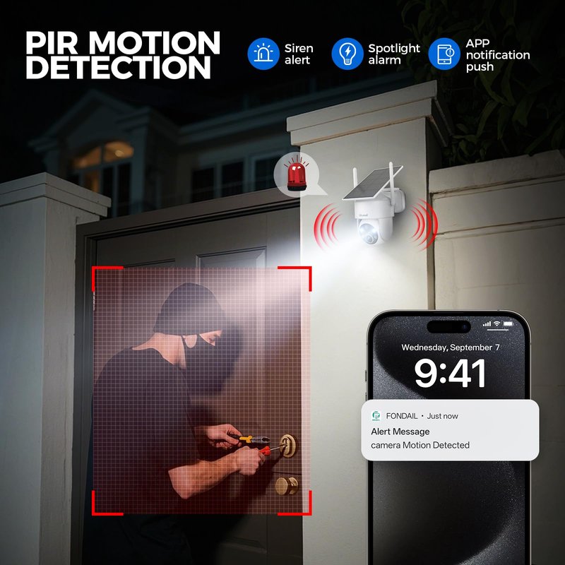 LITYMOL 2K 360° View Security Cameras Wireless Outdoor, Solar Cameras for Home Security, Color/IR Illumination Night Vision, AI Detection, 2-Way Audio, Siren Alarm, SD/Cloud Storage, 2.4g WiFi