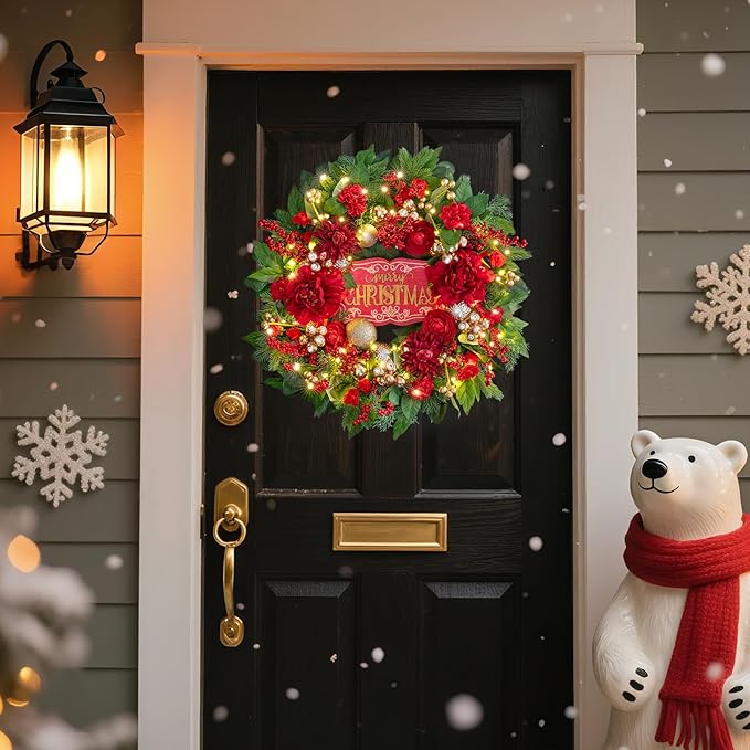 Christmas Wreaths for Front Door 24 Inch Christmas Wreath with Red Flowers, Berries, Gold Ornaments and LED Lights,Holiday Wreath for Indoor Outdoor Christmas Decorations