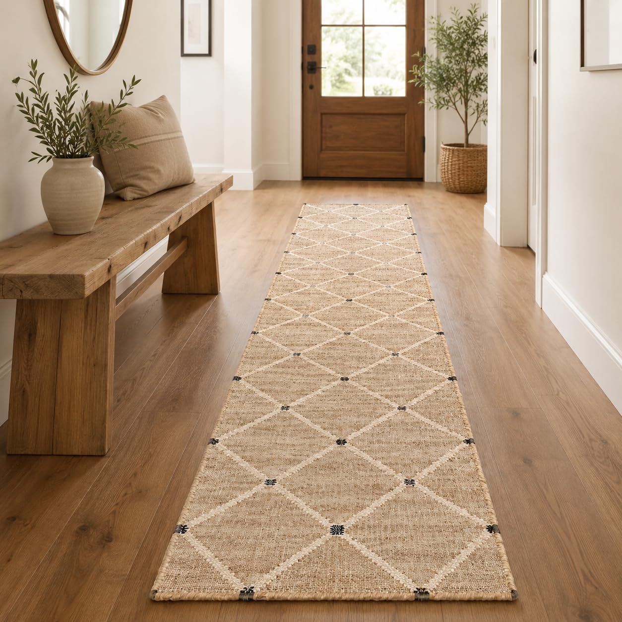 Jute Runner Rug 2.5'x8, Hand Woven Area Rug - Handcrafted Premium Geometric Design, Indoor Natural Fiber Hallway Jute Rug - Rustic Farmhouse Carpet for Kitchen, Entryway, Hallway, Bedroom - Natural