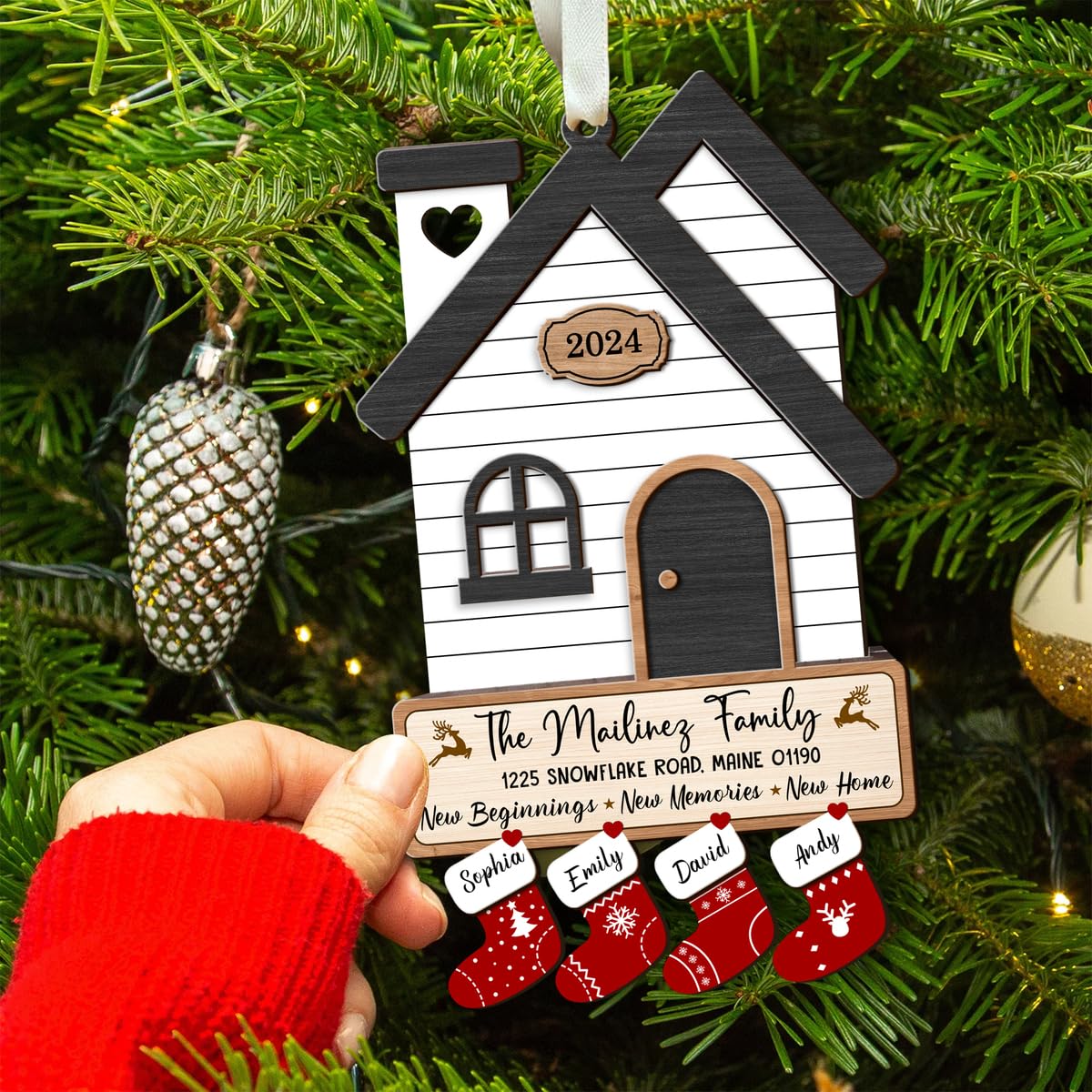Fastpeace Personalized Christmas 2025 New Home Ornament – 2 Layer Wooden Family of 2/3/4/5/6/7/8/9/10 Members with Custom Names, Address, and Year House Decoration – New Beginnings Holiday Keepsake