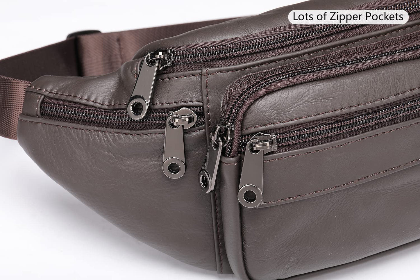 Genuine Leather Fanny Pack HandMade Durable cowhide Waist Bag Lots of Anti-theft zipper pocket Coffee