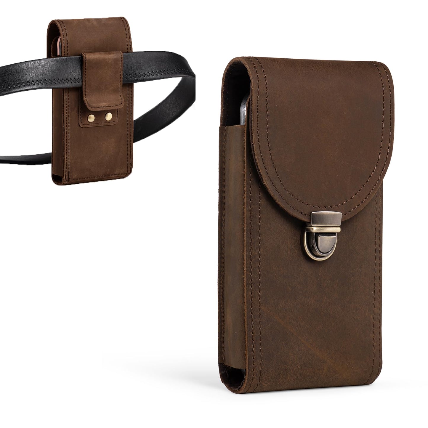 Hengwin Genuine Leather Vertical Cell Phone Holster fits for iPhone 17 16e 16 15 14 13 12 11 Pro Samsung Galaxy S25 S24 S23 S22 S21 S20 Belt Case with Belt Clip Phone Pouch Belt Holder (Retro Brown)
