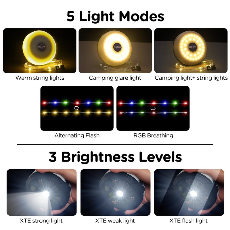 OGERY 3-Pack Camping String Lights, 4 in 1 Quick Storage 32.8FT Rechargeable Tent Lights String with 8 Lighting Modes, Hanging Waterproof Portable LED Lamp for Outdoor Patio Awning Party Essentials