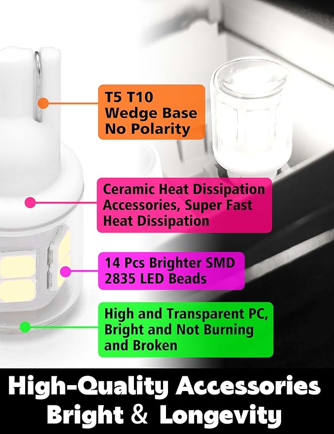 T10 194 168 LED Dome Light Bulbs, 300lm 6000K White Super Bright 2825 W5W LED Interior Bulbs, 3w AC/DC12V-24V T10 Wedge for RV Car Dome Map Door Courtesy Trunk License Plate Light, Non-Dimmable, 2pcs