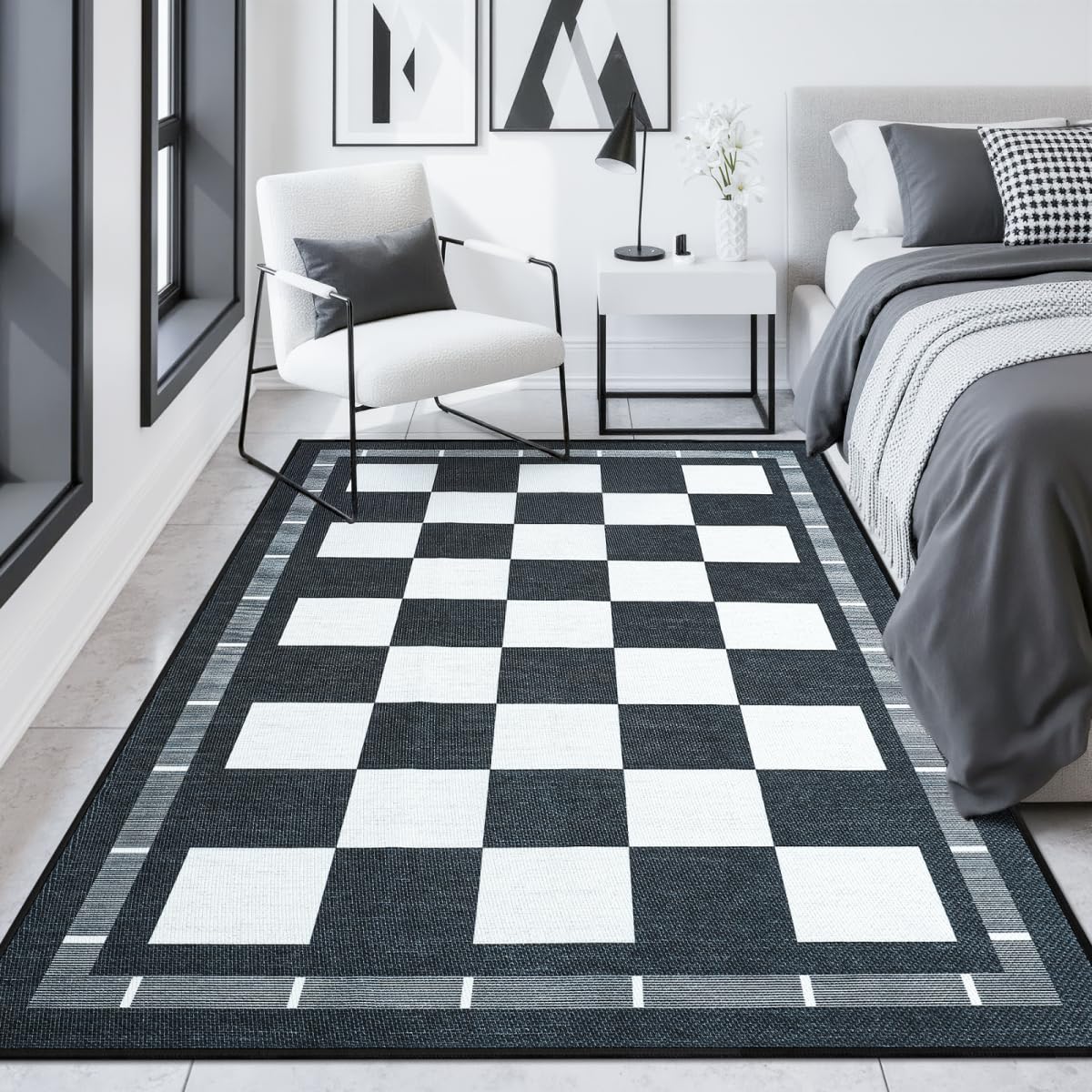 Vasofe Checkered Jute 5x7 Area Rugs, Washable Outdoor Patio Rug for Living Room Indoor Carpet, Non-Slip Farmhouse Geometric Non Slip Carpet for Backyard Dining Room Bedroom, Black and White