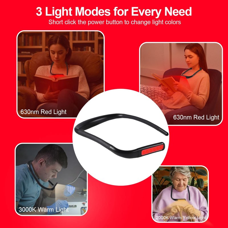 Finezeal 630nm Red Neck Reading Light - Zero Blue Light, Rechargeable Dimmable Portable LED Red Neck Book Lamp for Reading, Crafts, Knitting, Crochet at Night, Ideal Gift for Readers and Craft Lovers