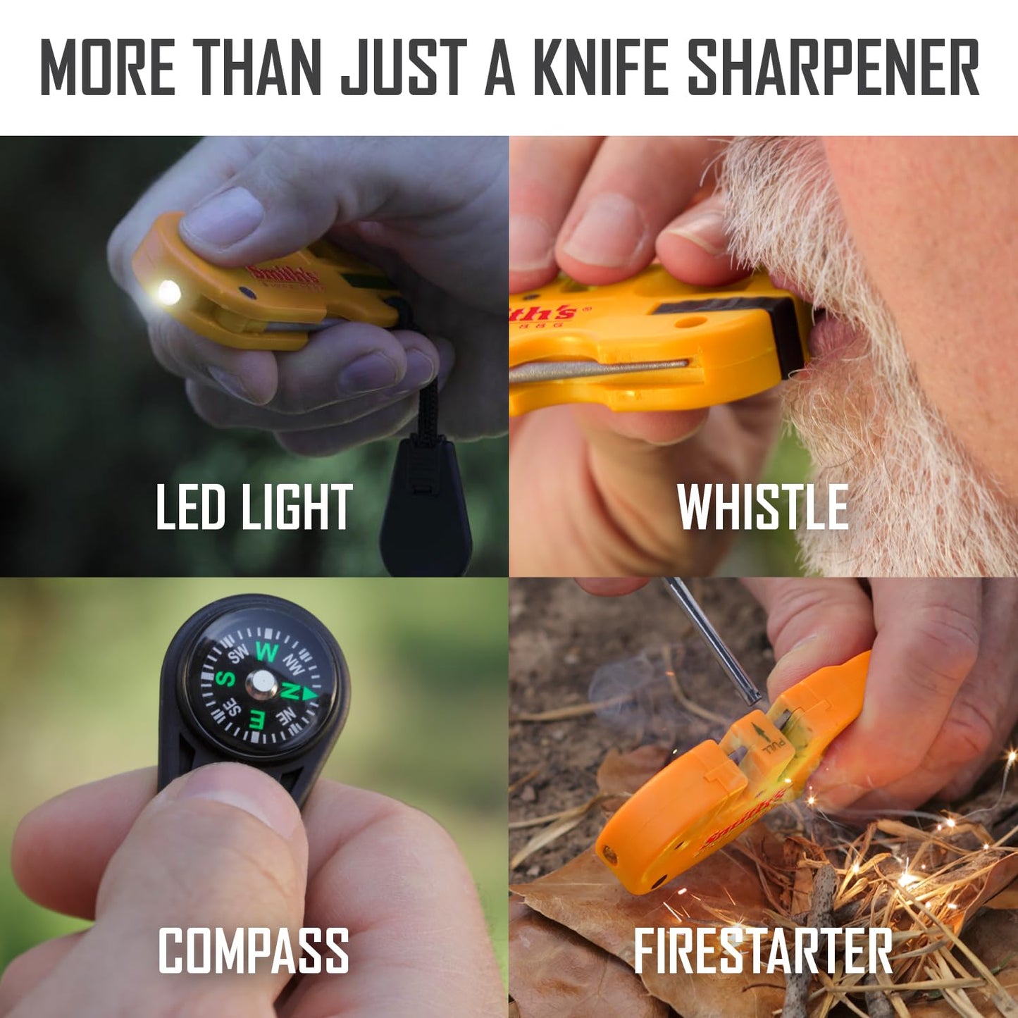Smith’s 50364 Pocket Pal X2 Sharpener & Outdoors Tool – Yellow – Coarse and Fine – LED Light – Fire Starter – Signal Whistle - Compass