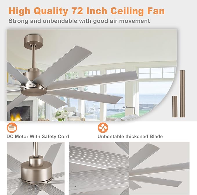 Depuley 72-Inch Ceiling Fan No Light: 8-Blade Large Ceiling Fans with Remote Control - Ultra Quiet DC Motor Reversible Timer Brushed Nickel