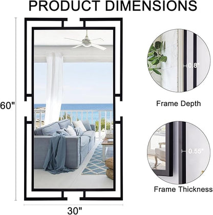 Large Decorative Wall Mirror Full Length, 60"x30", Tempered Black Mirror Wall Decor with Metal Frame for Living Room, Entryway, Bedroom, Horizontal/Vertical
