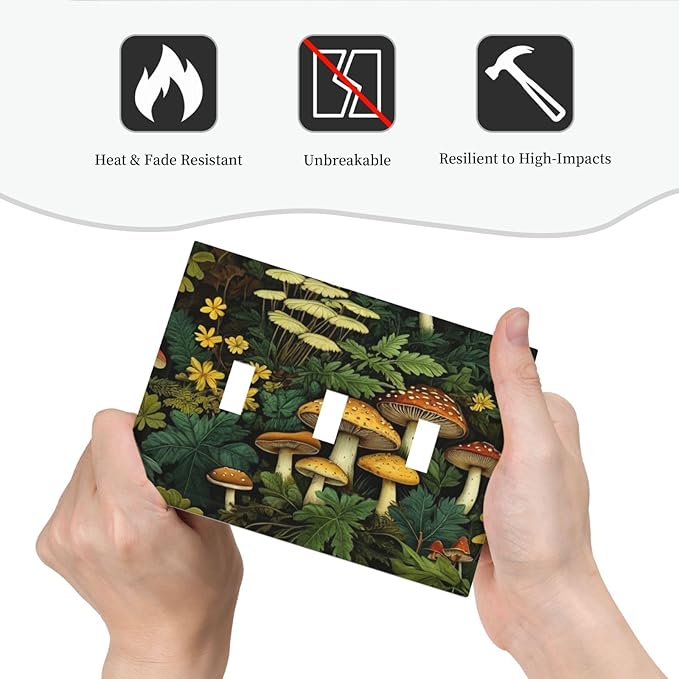 Mushrooms Forest Nature Botanical Art Light Switch Covers 3 Gang Triple Toggle Wall Plate Decorative Switchplate Electrical Faceplate for Farmhouse Living Decor