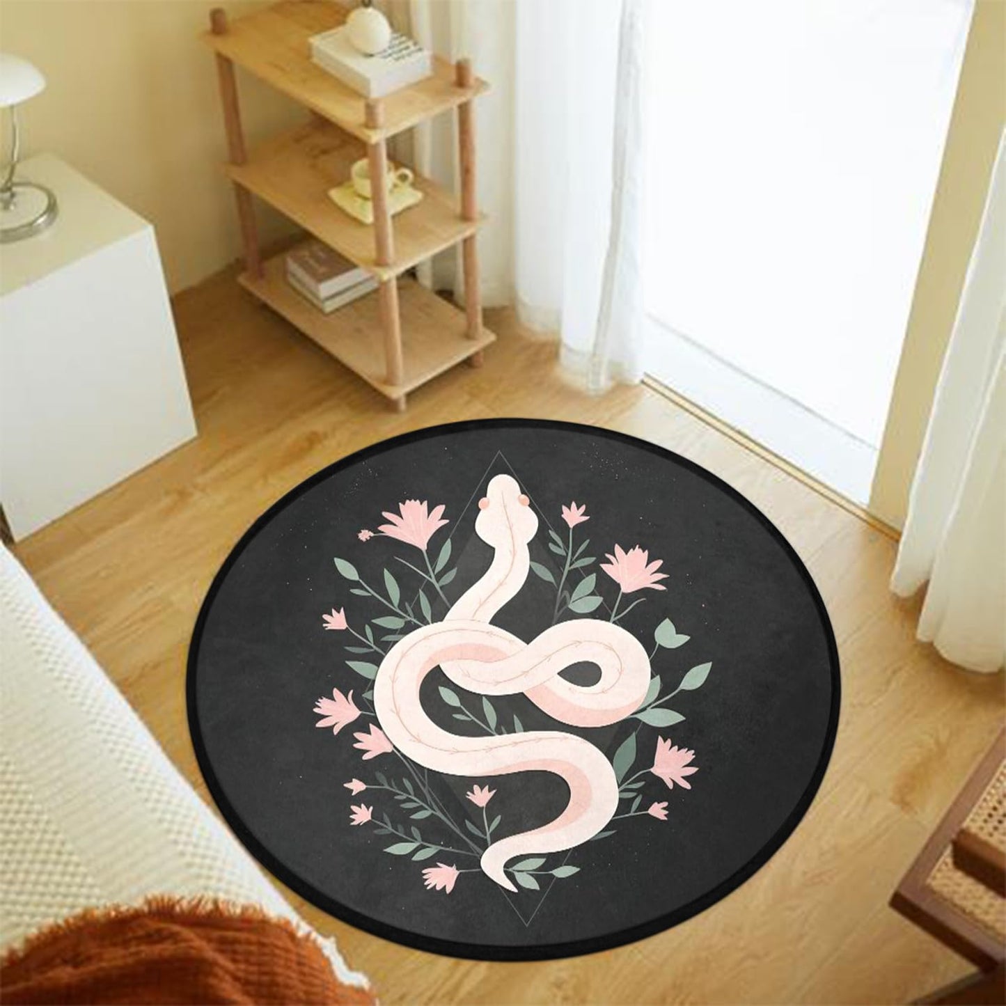 keepcute Dark Botanical Snake Round Area Rug 5' - Gothic Black Serpent Floral Circle Mat, Washable Non-Slip Soft Matte Rug for Bedroom Living Room