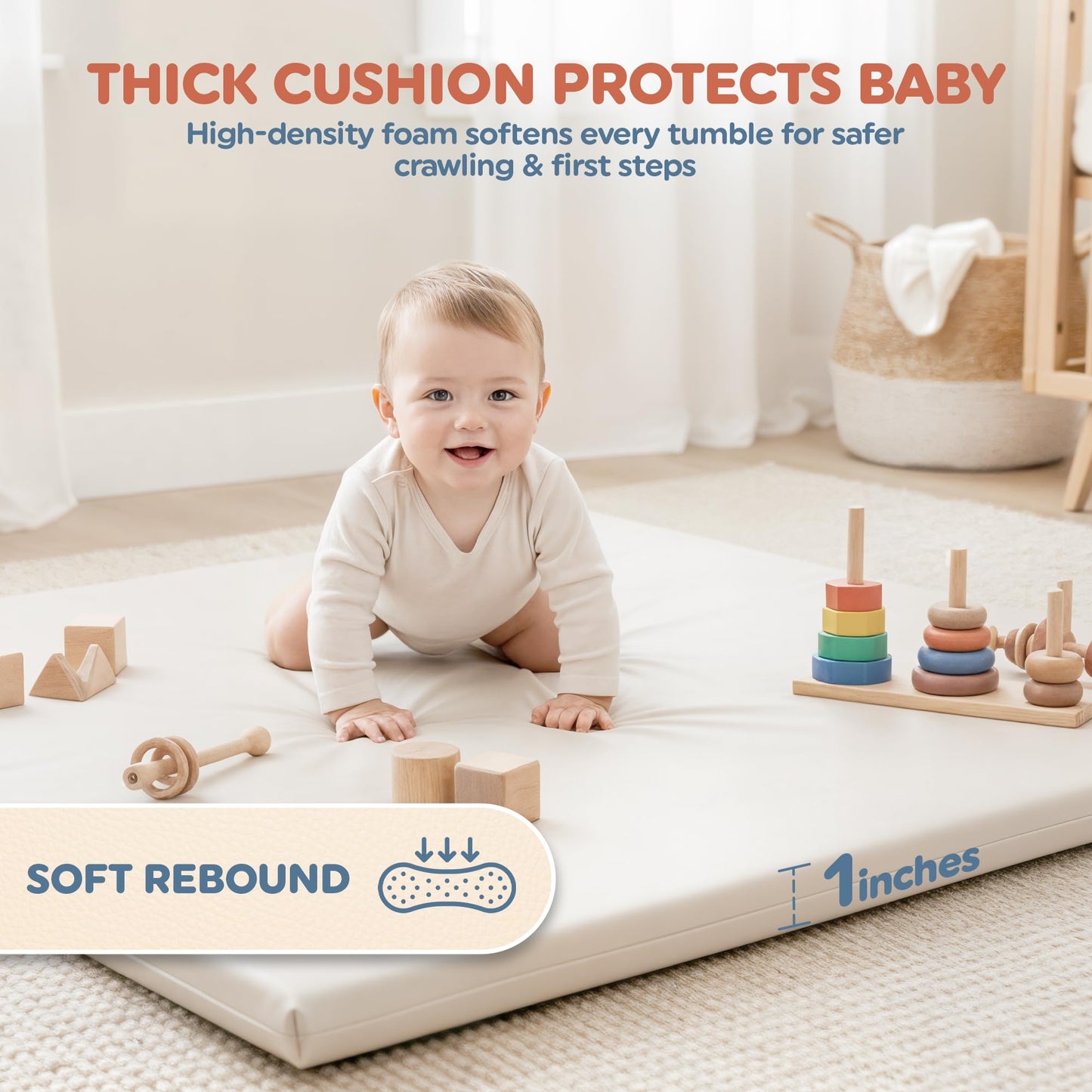 Motherly Haven Thick Baby Play Mat – 50x50x1 Rollable Foam Floor Mat for Babies, Tummy Time, Crawling & Safe Indoor Play – Waterproof, Non-Toxic & Easy to Clean – Beige