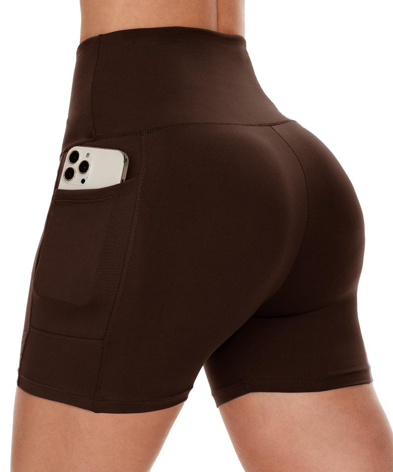 CAMPSNAIL Biker Shorts Women with Pockets - 3"/5"/8" High Waisted Workout Spandex Tummy Control Gym Running Yoga Shorts Chocolate