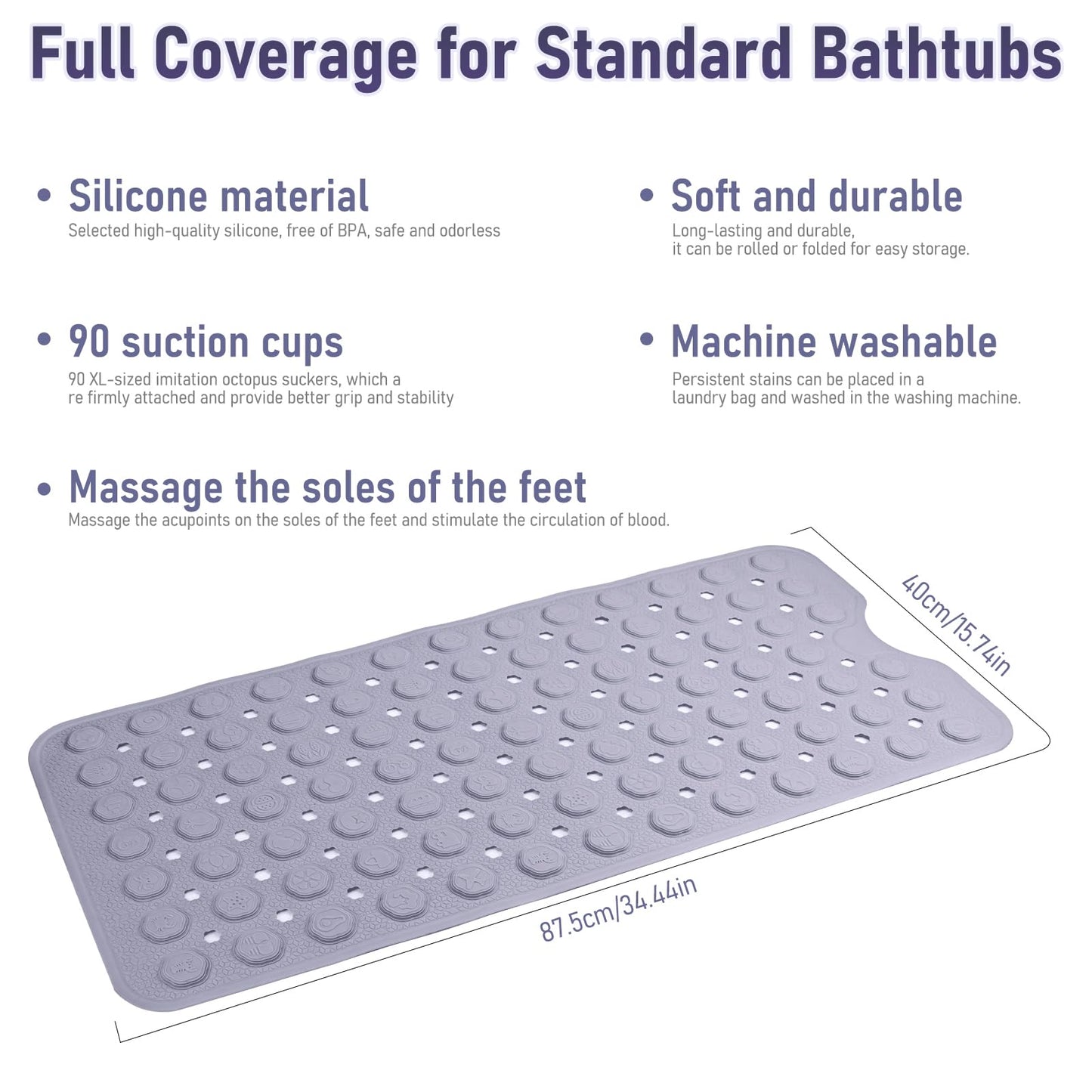 EaTubano Silicone Non-Slip Bath Mat for Tub & Shower, 35x16 Inch - Acupressure Grip, Quick-Dry with Suction Cups & Drain Holes, Safe for Kids & Elderly, Machine Washable (Purple)