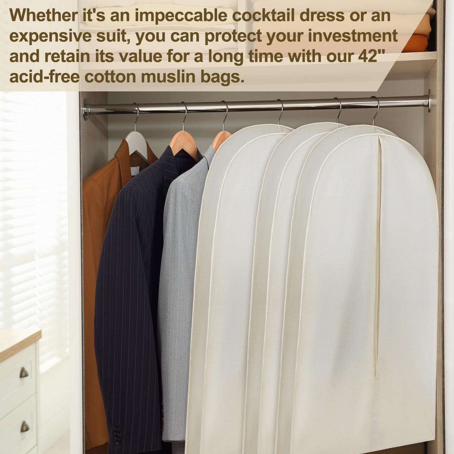 GliCraft 50 Inch Acid Free Cotton Muslin Suit Garment Bag Long Dress Suit Storage Box Closet Organizer for Suits, Coats, Travel Bag