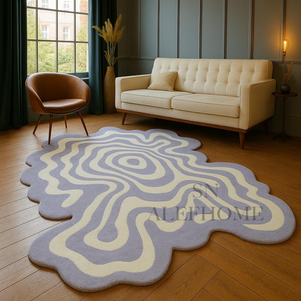 Premium Hand-Tufted Wool Rug 3×3 ft – Irregular Organic Shape with 3D Optical Illusion Design | Modern Accent Carpet for Living Room, Bedroom, Kids Playroom, Lounge, Home Decor, Silver & Green