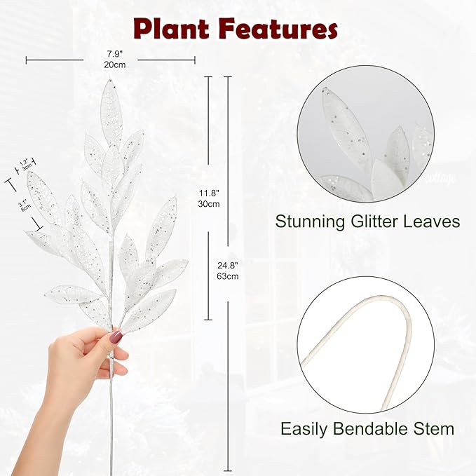 DILATATA 6Pcs Christmas Glitter Leaves Bay Leaves Spray 24" Artificial White Bay Leaf Picks Sprays Giltter Stems for Halloween Centerpiece Christmas Home Decor Home Decor - White