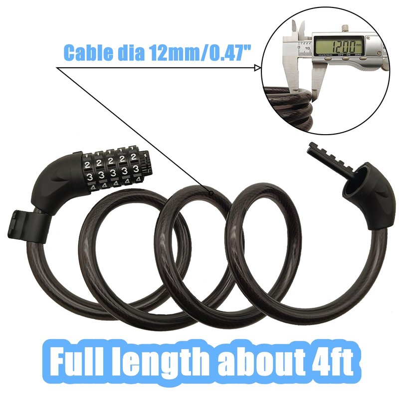 RYANGO Bike Lock, 4 Feet Bicycle Lock, Heavy Duty Anti Theft 5 Digit Combination Lock, Bike Cable Lock with Mounting Bracket, Bicycle Cable Lock for Road Bike Mountain Bike Scooter