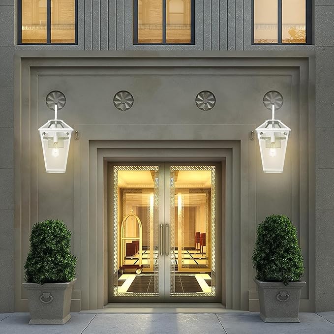 Outdoor Light Fixtures Wall Mount, Waterproof Exterior Wall Lanterns with Glass, Outside Wall Sconces, Front Porch Lights for House Garage Doorway Patio (White, Clear Glass)