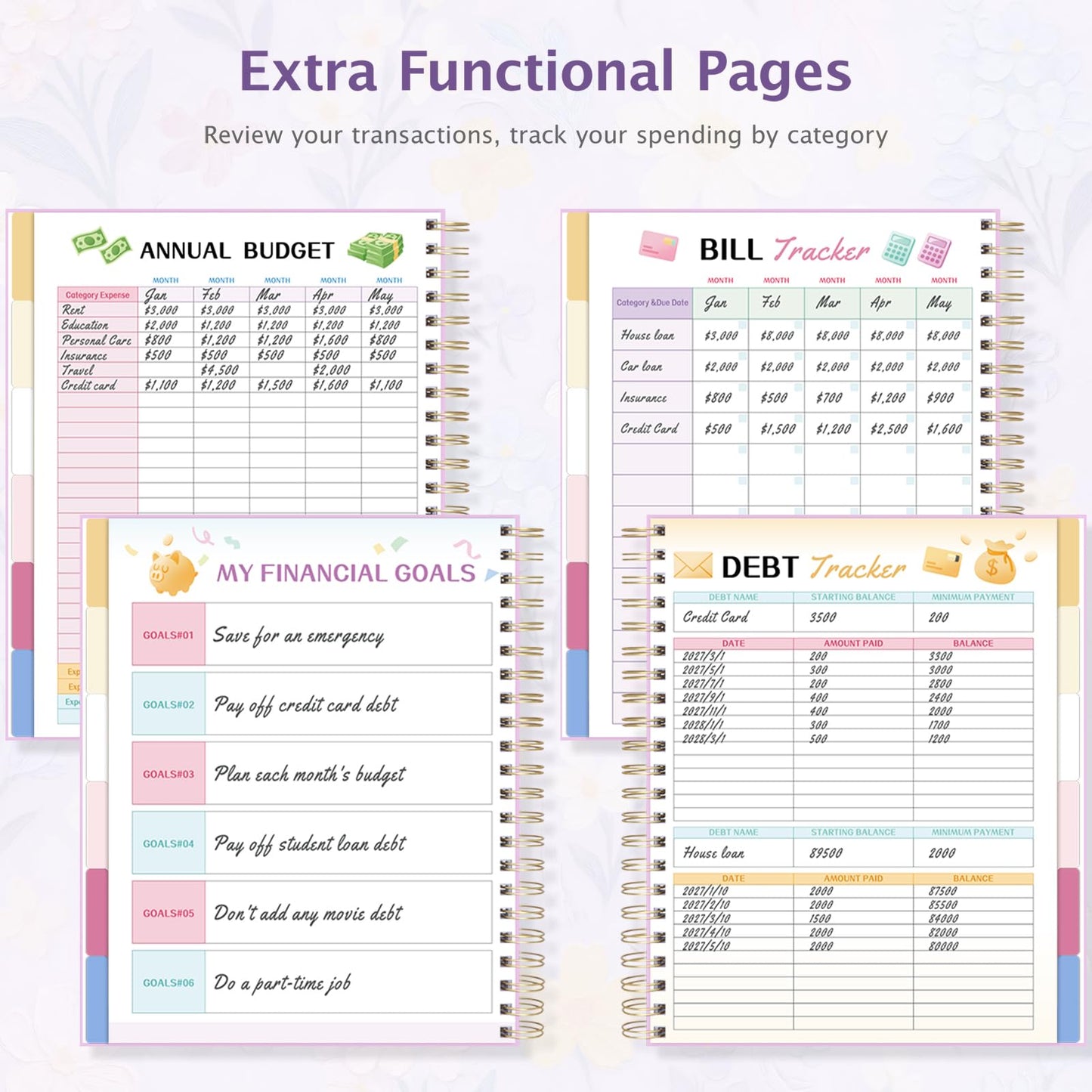 Ospelelf Budget Planner Undated, Money Expense Tracker with Pocket & Stickers, Thick Cardboard Cover, Large Pages for Spacious Writing, Original Fun Colorful Design, 12 Month Financial Notebook, Purple Floral