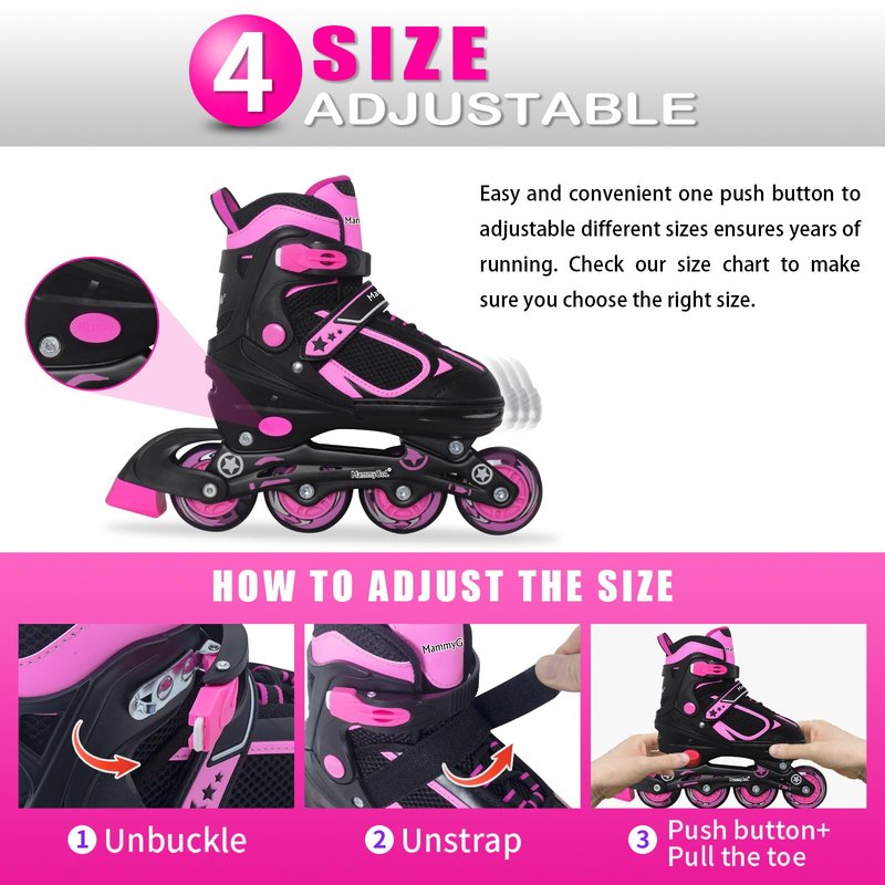 MammyGol Adjustable Inline Skates for Girls Kids Boys Youth with Light up Wheels, Rose Red Beginner Blades Roller Skates for Boys Size 1 2 3 4 Ages 4-12