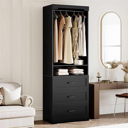 IRONCK Freestanding Closet System with 3 Wood Drawers, Modern Armoire Wardrobe with Adjustable Shelves & Hanging Rod, Walk-in Closet Systems Organizer for Small Closet, Black