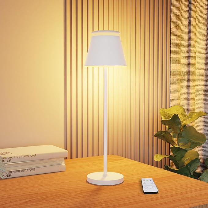 Cordless Table Lamp Rechargeable,5000mAh Battery Operated Desk Lamp,Waterproof Touch Dimmable Light with Remote,3 Color Stepless Dimming Up,for Bedroom/Office/Bars/Camping. (White, 1pcs)