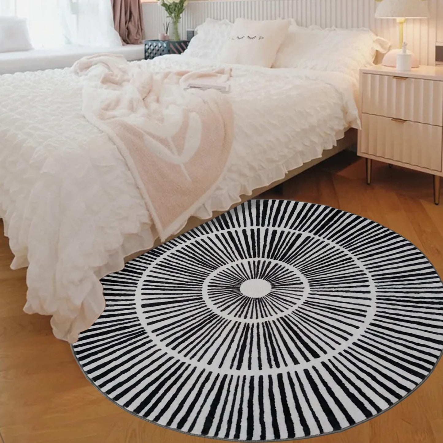 Lacomfy Modern Abstract Rug - 4Ft Round Contemporary Geometric Carpet, Suitable for Bedroom Living Room Dorm Dining Room Farmhouse, Chic, Sun, Lines, Nonslip Washable Circle Floor Mat, Black