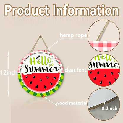 Hello Summer Watermelon Door Sign Summer Welcome Sign for Front Door Red Green Buffalo Plaid Wooden Door Hanger Outdoor Porch Decor Seasonal Farmhouse Hanging DecorationS 12 Inch