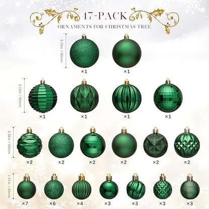 JORNOY Christmas Tree Ornaments Set, 47 Pack Assorted Shatterproof Hanging Balls Decorations, Plastic Bulbs Bulk with Lanyard for Home Holiday Party Decor, 3-Sizes (Dark Green)