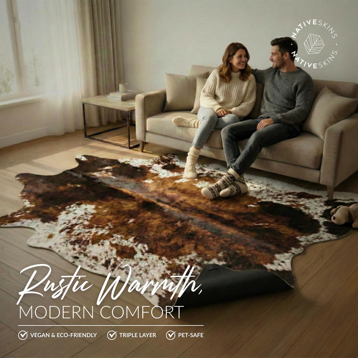 NativeSkins Faux Cowhide Rug 4'7" x 6'7" – Brown Cow Print Area Rug for Living Room & Bedroom – Non-Shedding, Flat-Lay, Pet-Friendly – Faux Suede Grip Backing – Vegan Western Farmhouse Decor